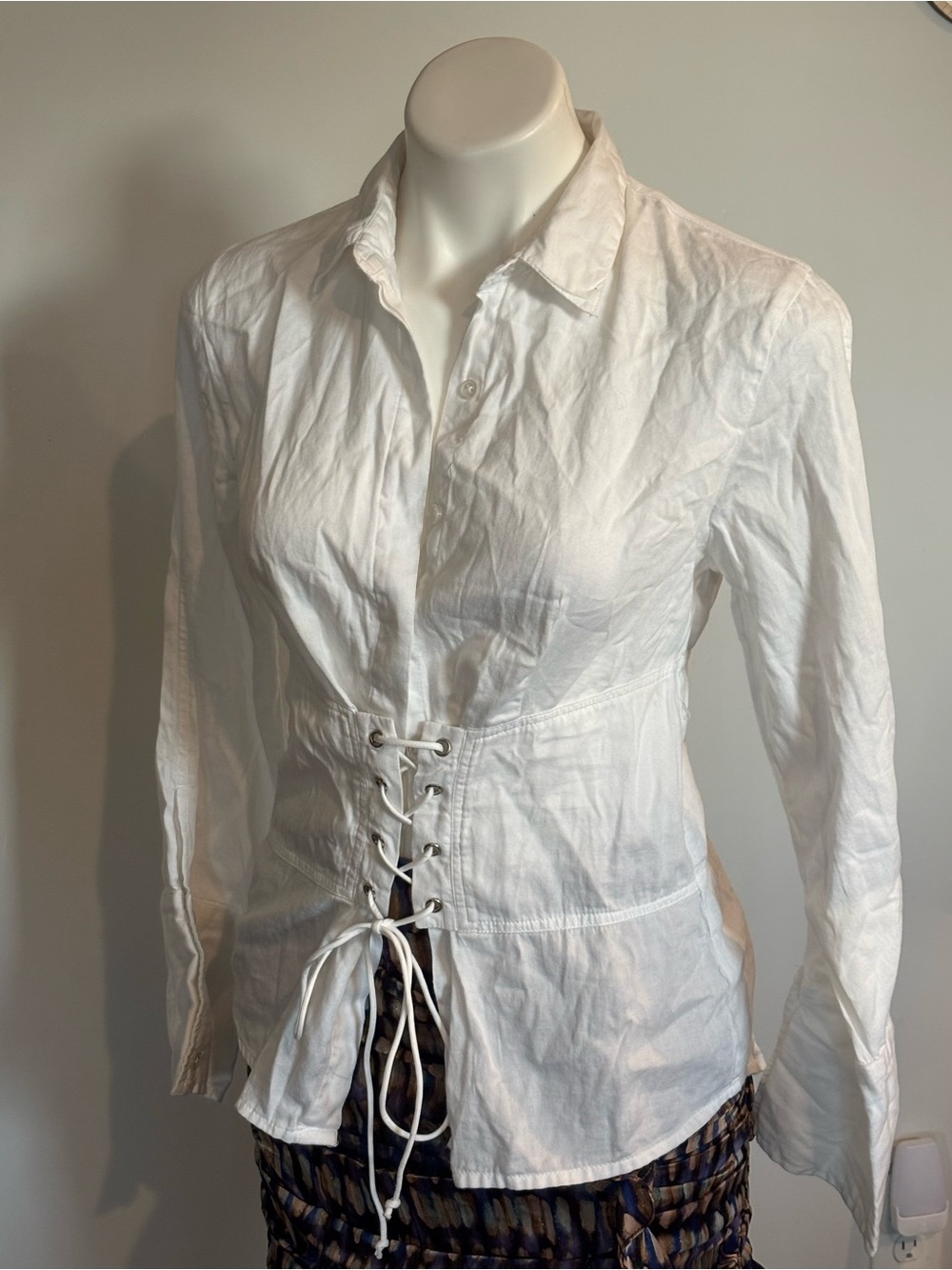 Blue Rain White Lace-Up Cotton Button-Down Shirt